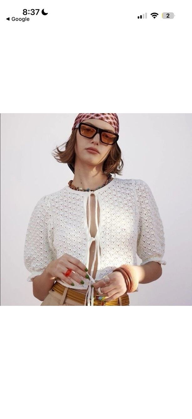 ZARA Pointelle Open knit top Tie Front Size M Crochet Elastic Puff Sleeves